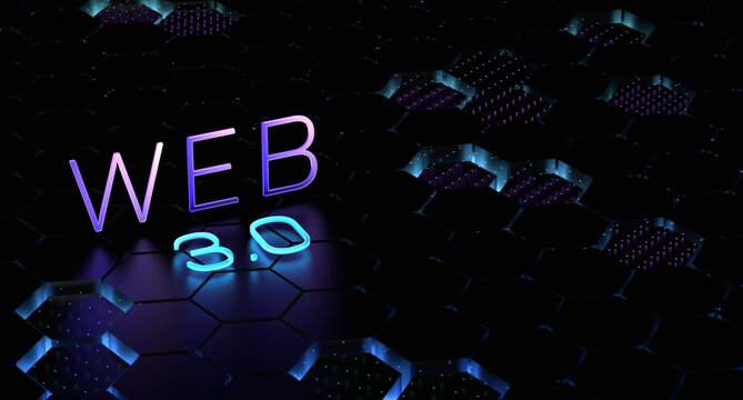 Neon WEB 3.0. Glowing web 3 abstract.Neon glowing background.3D render illustration.