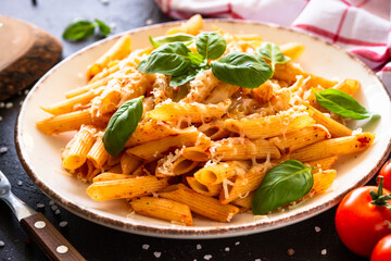 Italian pasta with tomato sauce, basil and parmesan cheese on dark table. Close up.