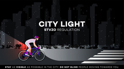 Cyclist on the road with bicycle light. Educational vector illustration. STVZO regulation. Safe night commuting.