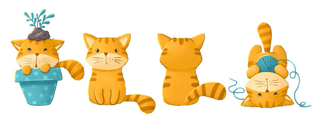 A ginger cat, a cartoon character. A set of raster illustrations on a white background.