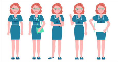 Casual red hair woman character in a dress and with eyeglasses. In different poses and emotions set. Isolated vector illustration.