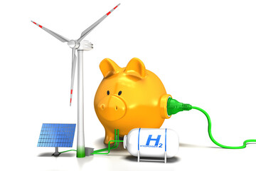 3d gelbes Sparschwein mit grünen Strom, grünen Stromkabel mit Stecker, alternativer Energie als Solar, Windkraft und Wasserstoff, freigestellt - 504164990