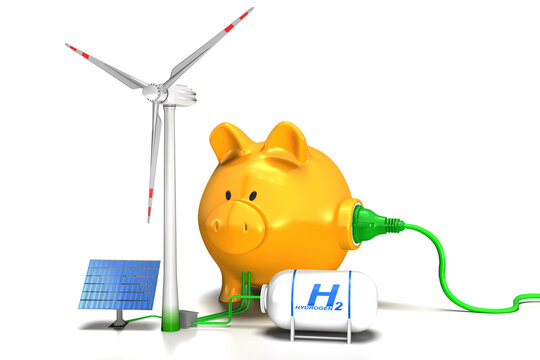 3d gelbes Sparschwein mit grünen Strom, grünen Stromkabel mit Stecker, alternativer Energie als Solar, Windkraft und Wasserstoff, freigestellt