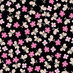 Cute Small Size Flowers and Butterflies Vector Seamless Pattern
