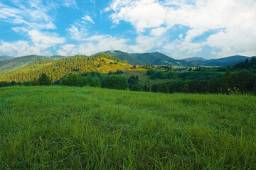 covered with grass n background of mountains in the sun on a summer day. blue sky with clouds. Landscape of mountains. nature background.