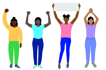 Set of black girls in full growth with hands raised above their heads, flat vector on white background, faceless illustration, girls protest