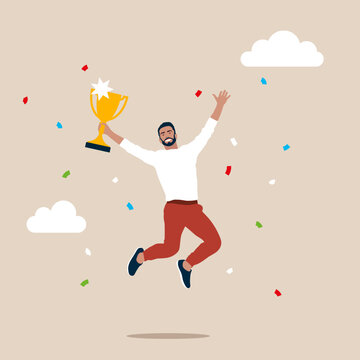 Happy businessman holding winning trophy. Celebrate work achievement, success, winning prize or trophy, challenge or succeed in business competition concept,  jumping high for celebration.