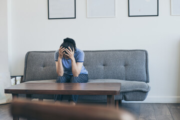 Fototapeta premium sad serious illness woman.depressed emotion panic attacks alone sick people fear stressful crying.stop abusing domestic violence,help person with health anxiety,thinking bad frustrated exhausted
