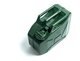 Green jerrycan on white background. Canister for gasoline, diesel gas
