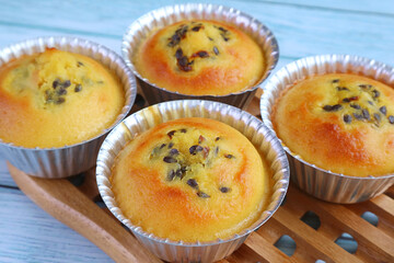 Closeup of Delectable Fresh Baked Homemade Passion Fruit Muffins in Molds