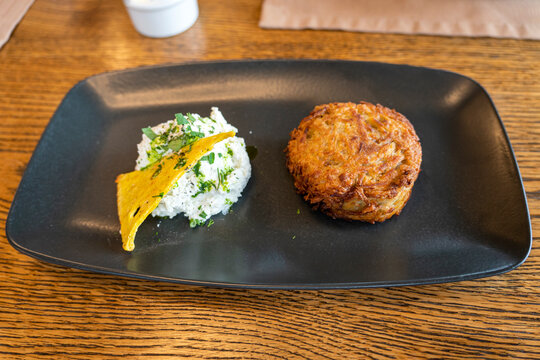 Potato pancake dranik with sauce, traditional Ukrainian dish. wizards with meat, Sorcerers with meat