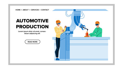 Automotive Production Factory Conveyor Vector. Industrial Robotic Automotive Production Plant Machinery Equipment Inspecting And Checking Serviceman. Characters Web Flat Cartoon Illustration