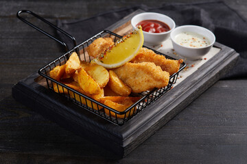 Close-up view of fish and chips served with sauces