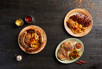 Overhead view of assortment of grilled food