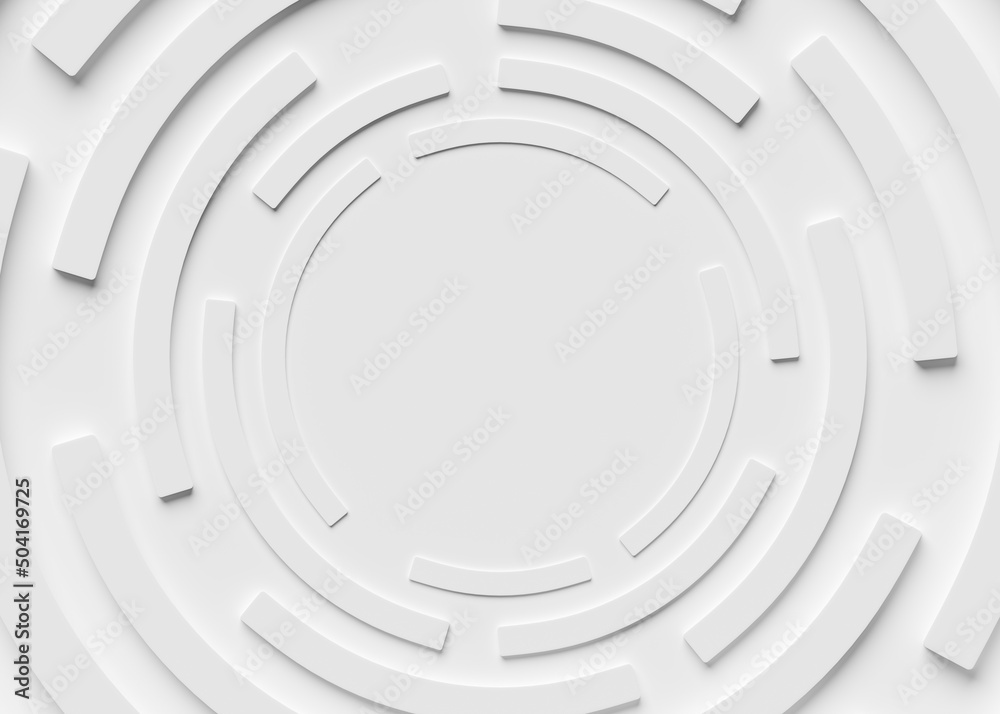 Poster abstract white geometric background made of broken circles with copy space in the middle. 3d renderi