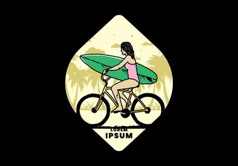 illustration of a woman going surfing on a bicycle