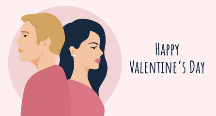 Woman and man. Happy Valentine's Day. Beloved couple together. Greeting postcard. Vector illustration. 