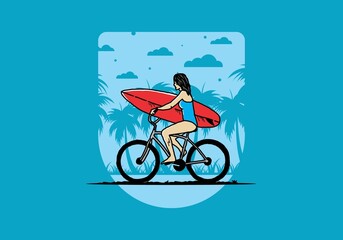 Fototapeta na wymiar illustration of a woman going surfing on a bicycle
