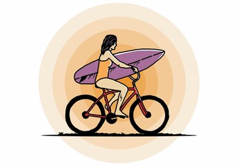 illustration of a woman going surfing on a bicycle