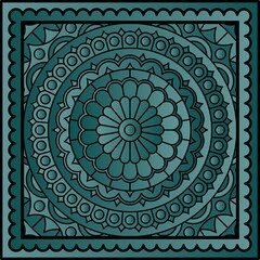Bandana print with mandala pattern in dark colors. Vector kerchief design.