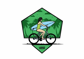 illustration of a woman going surfing on a bicycle