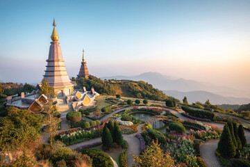 Doi Inthanon twin pagodas at Inthanon mountain near Chiang Mai, Thailand. - obrazy, fototapety, plakaty