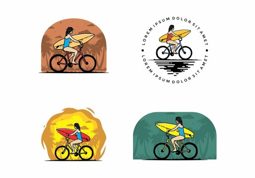 illustration of a woman going surfing on a bicycle