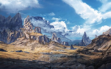 Fantastic Epic Magical Landscape of Mountains. Summer nature. Mystic Valley, tundra. Gaming assets. Celtic Medieval Gaming background. Rocks and canyon. Beautiful sky with clouds. Book cover, poster