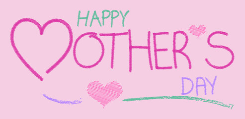 Mother postcard with child drawing sketch on pink paper background. Vector symbols of love in shape of heart for Happy Mother's Day greeting card design. Handwritten celebration card for mom.