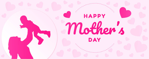 Silhouette young mother holds a baby. Happy Mother's Day elegant lettering banner pink. Motherhood family concept. Best mom ever greeting card. Vector symbols of love in shape of heart for greeting