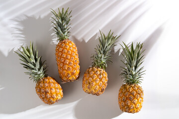 Juicy pineapple on a white background. A whole pineapple and a cut off half. Palm tree shade, creative lighting.