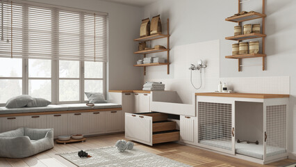 Pet friendly scandinavian white and wooden mudroom, laundry room, space with dog shower bath with ladder, dog bed and carpet, treat bowl, window with bench. Interior design concept