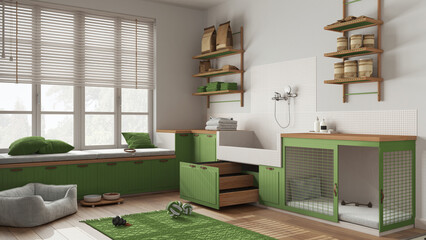 Pet friendly scandinavian green and wooden mudroom, laundry room, space with dog shower bath with...