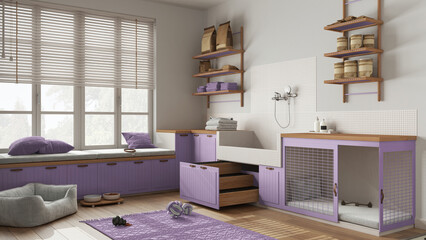Pet friendly scandinavian purple and wooden mudroom, laundry room, space with dog shower bath with ladder, dog bed and carpet, treat bowl, window with bench. Interior design idea