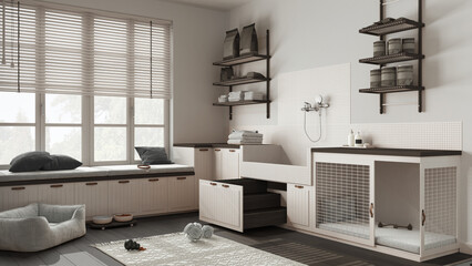 Pet friendly scandinavian dark wooden mudroom, laundry room, space with dog shower bath with ladder, dog bed and carpet, treat bowl, window with bench. Interior design concept idea