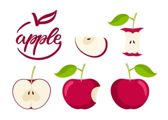 Apple set. Flat icon red Apple fruit with leaf, bitten, cut, core, label. Farmer Market Logo. Organic food eco template for menu, apple jam and juice label, tea banner, apple product, website, banner