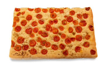 Italian Apulian focaccia with cherry tomatoes, oregano and olive oil, square slice, top view - clipping path
