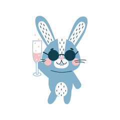 Rabbit in sunglasses with champagne. Cute vetor flat animal character, isolated on white background