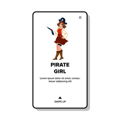 Pirate Girl On Halloween Festival Party Vector. Young Pirate Girl Wearing Hat With Skull And Bones, Holding Vintage Weapon Gun. Character In Carnival Costume Web Flat Cartoon Illustration