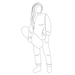 girl with a skateboard sketch, outline, isolated, vector