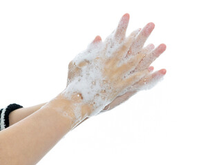 Woman rubbing fingers on white background