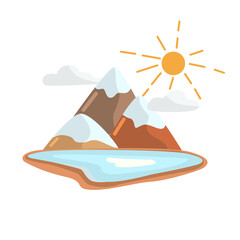 Vector landscape of a mountain range with snowy peaks and a lake on a sunny day. Illustration of three mountains in cloudy weather on a white background isolated.