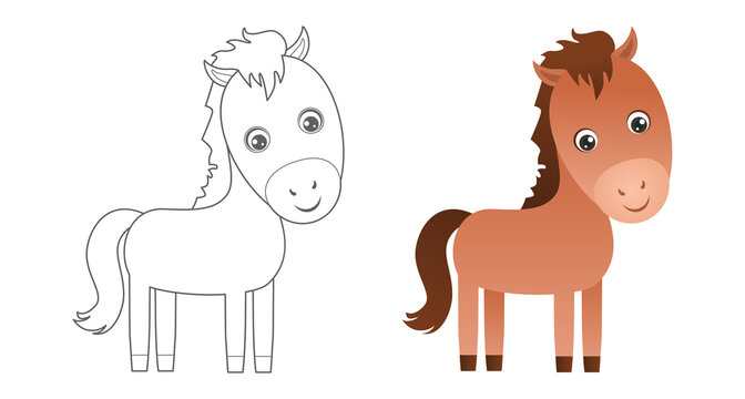 Foal coloring page. Cute farm animals coloring book for kids. Cartoon vector  outline baby animals.