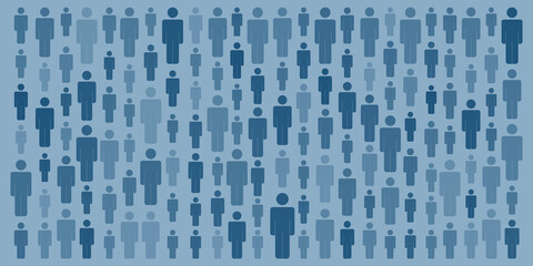 Lots Standing Figures in Various Sizes and Color Shades of Blue - Wide Scale Texture, Retro Style Mosaic Pattern, Background Design, Vector Template