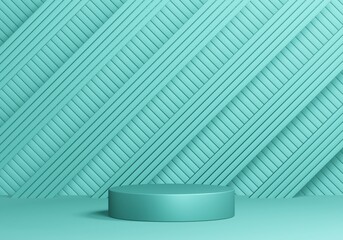 Empty minimalistic turquoise podium in studio lighting. Single cylinder against the turquoise background of a diagonal lattice. 3d render.