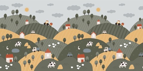 Affiche colorée de ferme mignonne. Animaux boho vectoriels dessinés à la main, trois, maison, cheval, oie, vache, mouton, tracteur, voitures, légumes. Paysage villageois