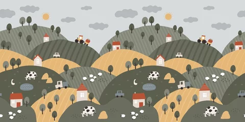 Poster Im Rahmen Buntes Plakat des netten Bauernhofes. Handgezeichnete Vektor-Boho-Tiere, drei, Haus, Pferd, Gans, Kuh, Schaf, Traktor, Autos, Gemüse. Dorflandschaft © webmuza