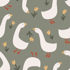 Fototapeta premium Hand drawn spring pattern with cute cartoon goose, flowers, leaves. Seamless pattern