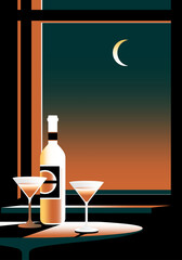 A bottle of wine and glasses on a table against a window and night city. Handmade drawing vector illustration. Art deco style.