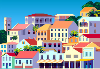 Tropical Island cityscape with traditional houses, palms and green trees in the background. Handmade drawing vector illustration. - obrazy, fototapety, plakaty